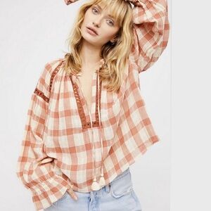 Free People Honey Grove Gingham Peasant Top